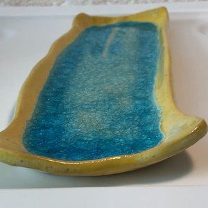 My ocean Trinket Stoneware Yellow Blue Handcrafted in Bahamas 13x4.5”